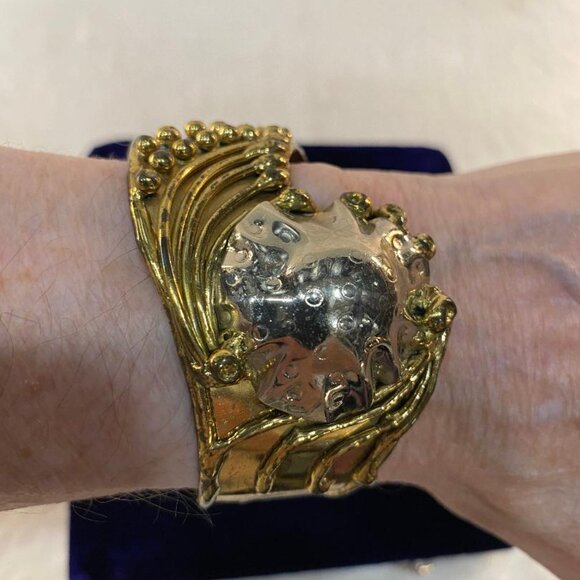 Brutalist Style Vintage Artisan Hand Welded Mixed Metal Statement Cuff Bracelet - Picture 2 of 5